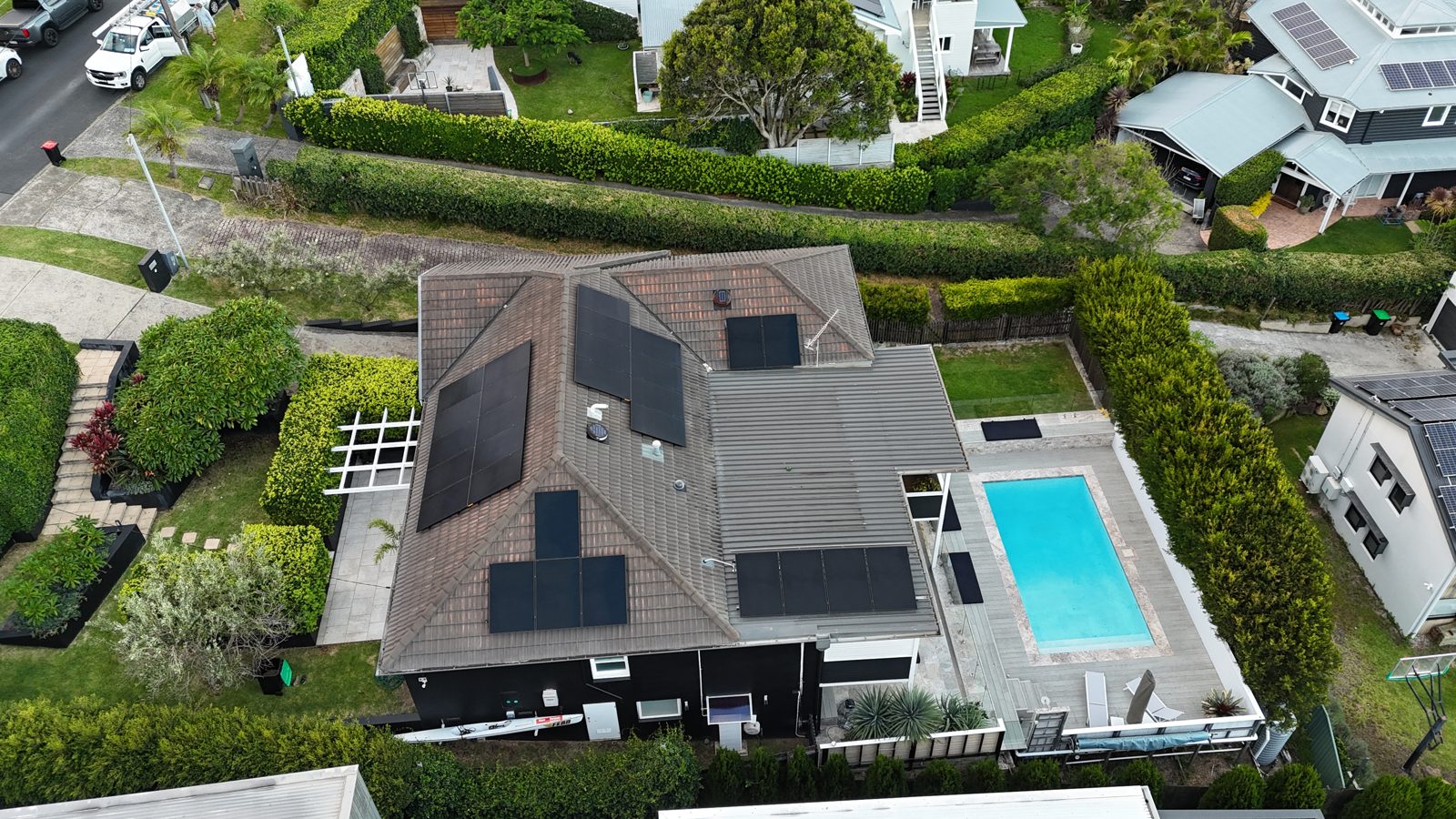 Aerial view of a recent Infinite Electrical & Solar install on Sydney's Northern Beaches