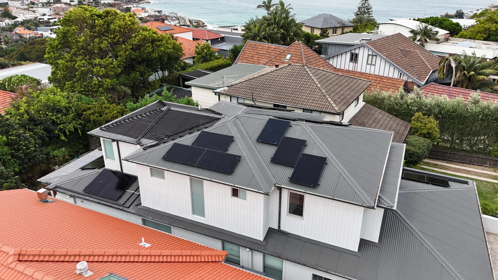 Aerial view of a recent Infinite Electrical & Solar install on Sydney's Eastern Suburbs
