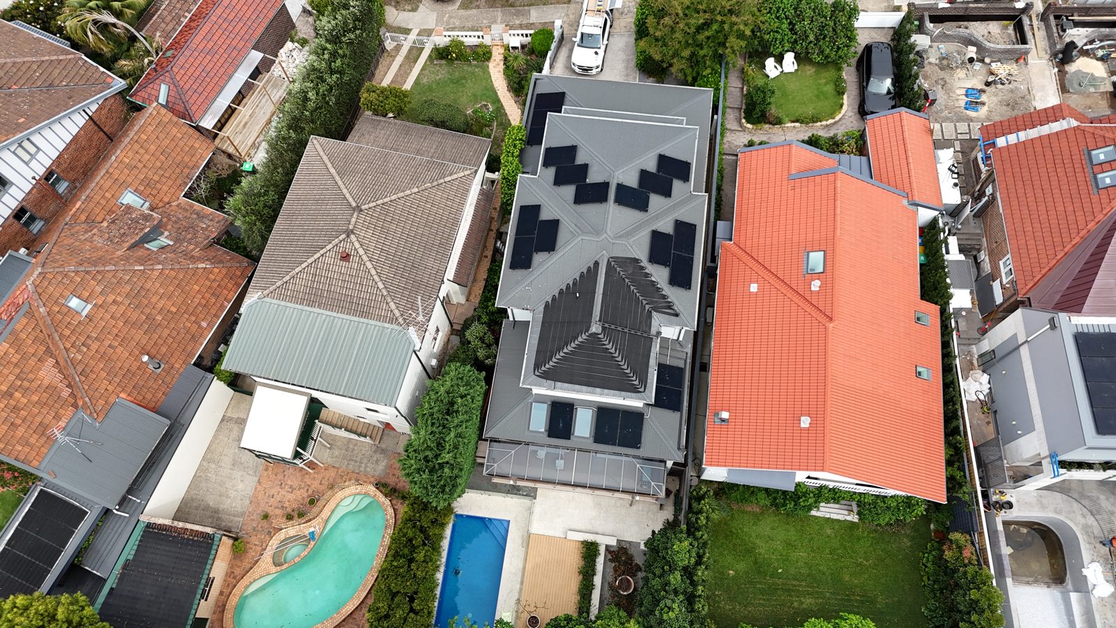 Aerial view of a recent Infinite Electrical & Solar install on Sydney's Northern Beaches