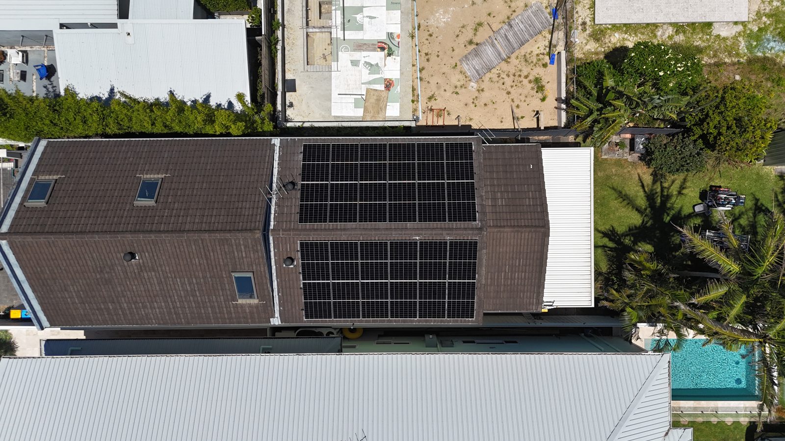 Aerial view of a recent Infinite Electrical & Solar install on Sydney's Northern Beaches